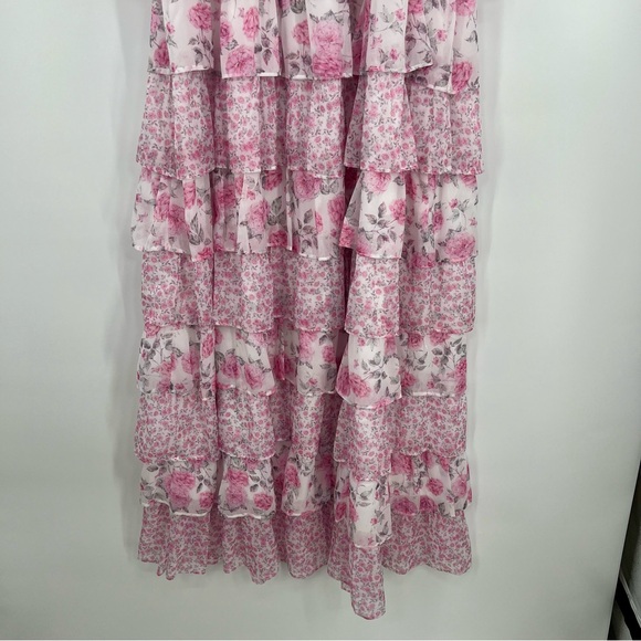 NWT Dalia Macphee Pink Floral Tiered Maxi Dress Smocked Tiered Bodice Wedding L - Picture 11 of 14